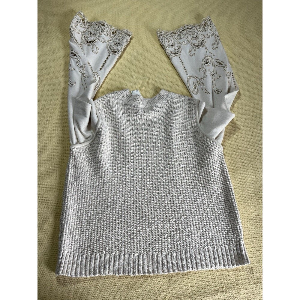 Anthropologie Textured Eyelet Twofer Sweater Vest Top Embroidered Beige Sz XL - Picture 6 of 11